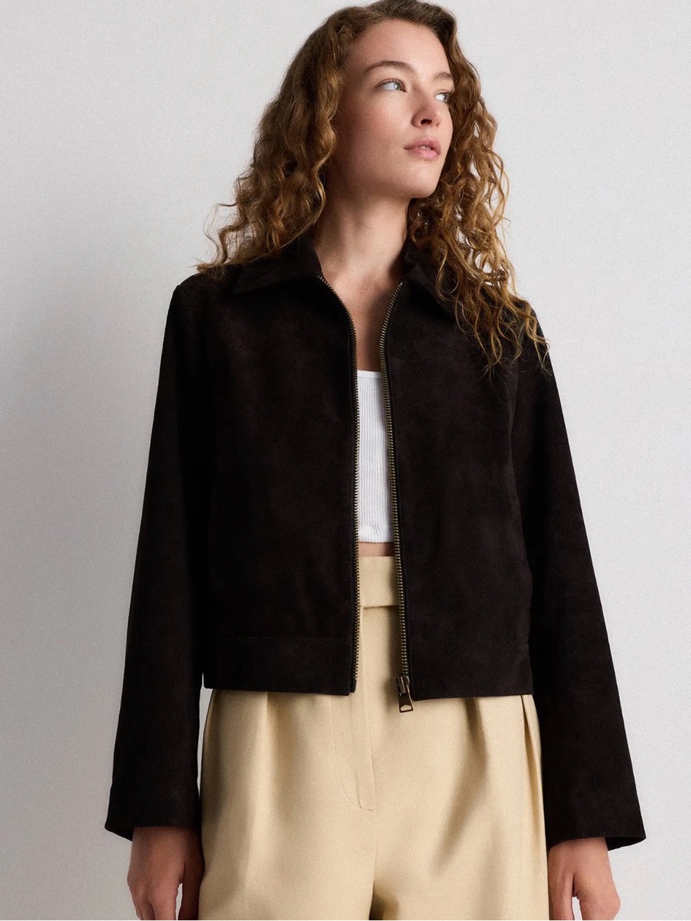 Quince Black Cropped Suede Zip Front Jacket - Retail $225